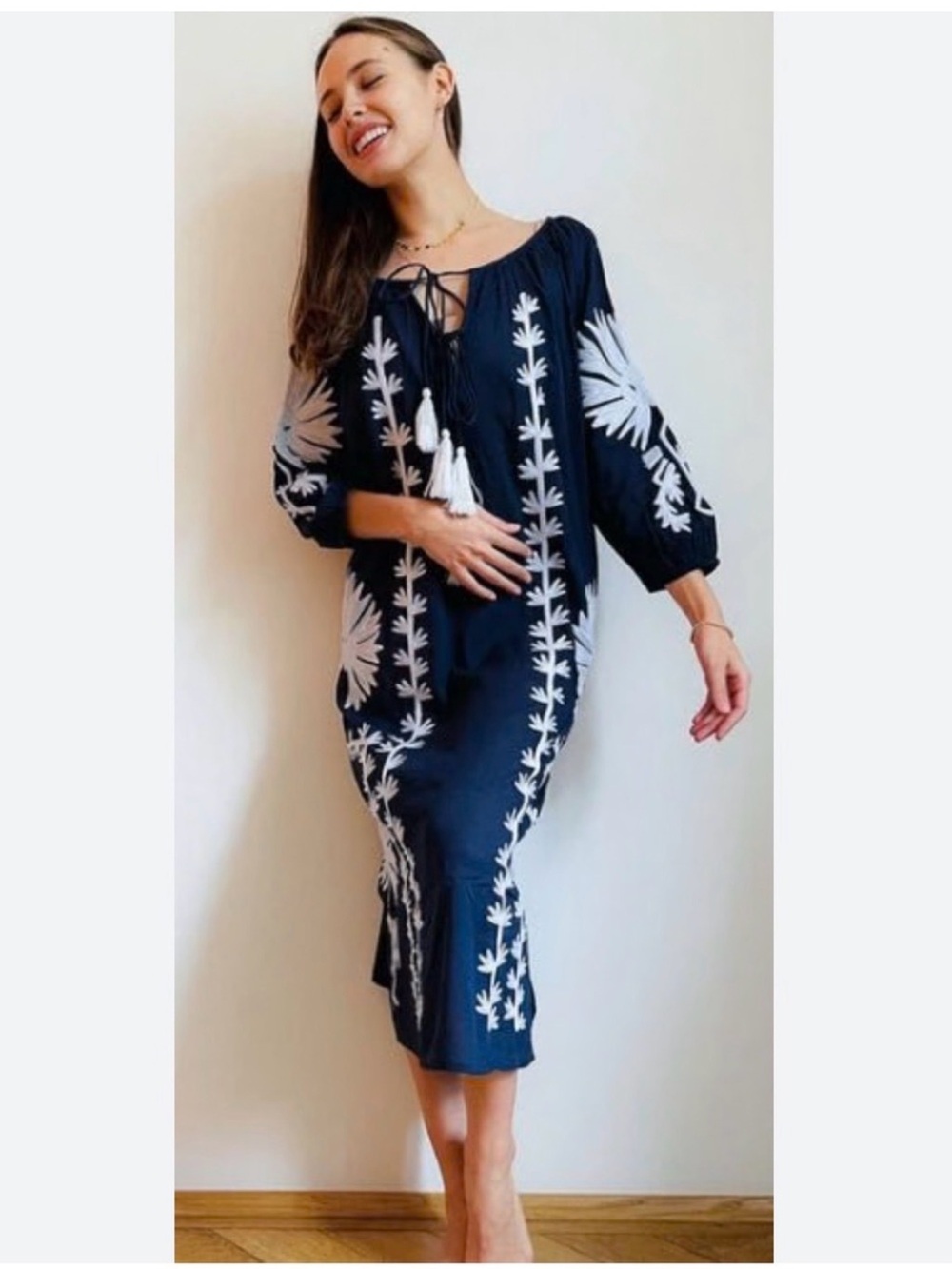 Dolma Gauzy Cotton palm embroidered coastal nautical Midi Dress one size blue